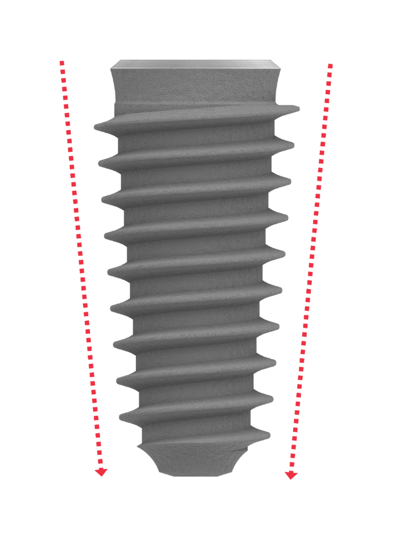 High Primary Stability.<br/>  Thanks to the P-3 Inserta’s unique tapered morphology and self-tapping design, <span class="text-primary-500">higher initial stability can be attained in any compromised bone situation</span> and post extractive sites